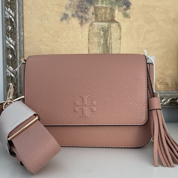 Tory Burch Handbags - NWT Tory Burch Pink Moon Leather Thea Web Flap Crossbody Double straps